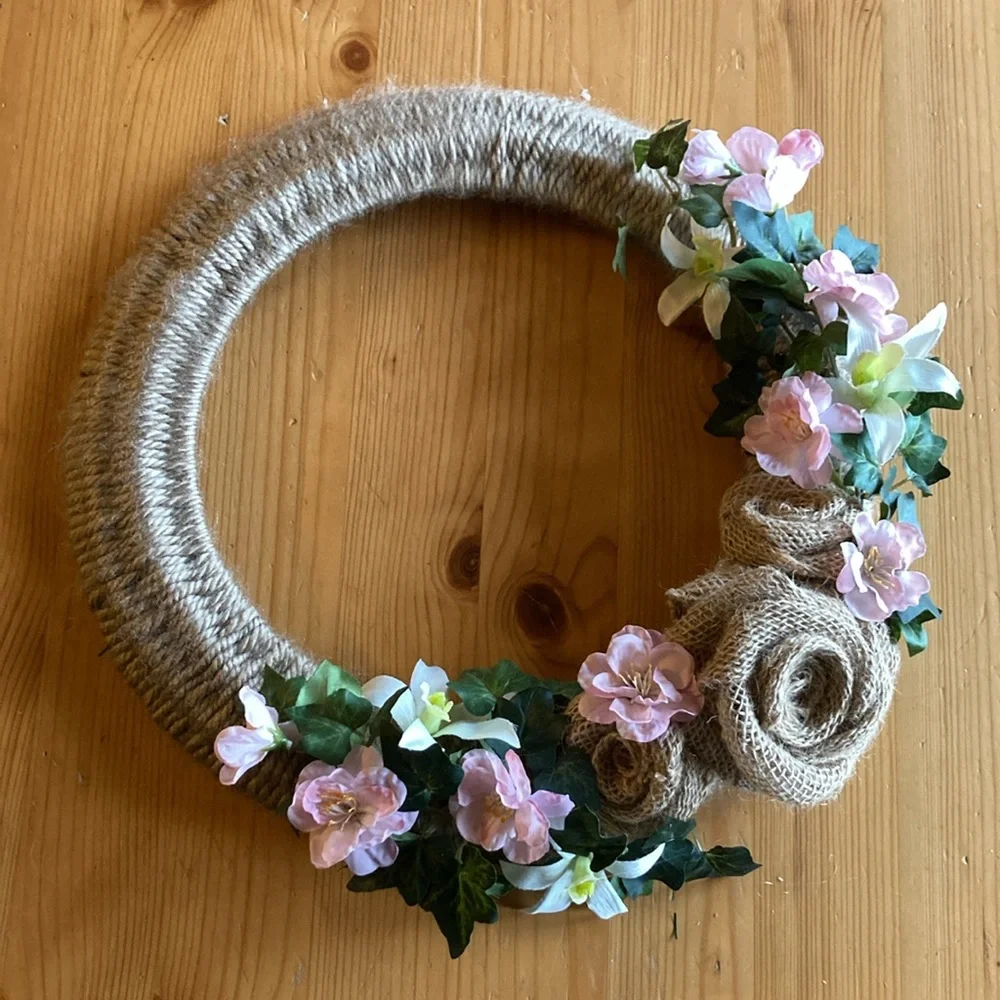 Unique handmade Spring Burlap Rose Floral Wreath, 16”, home decor, pink tan